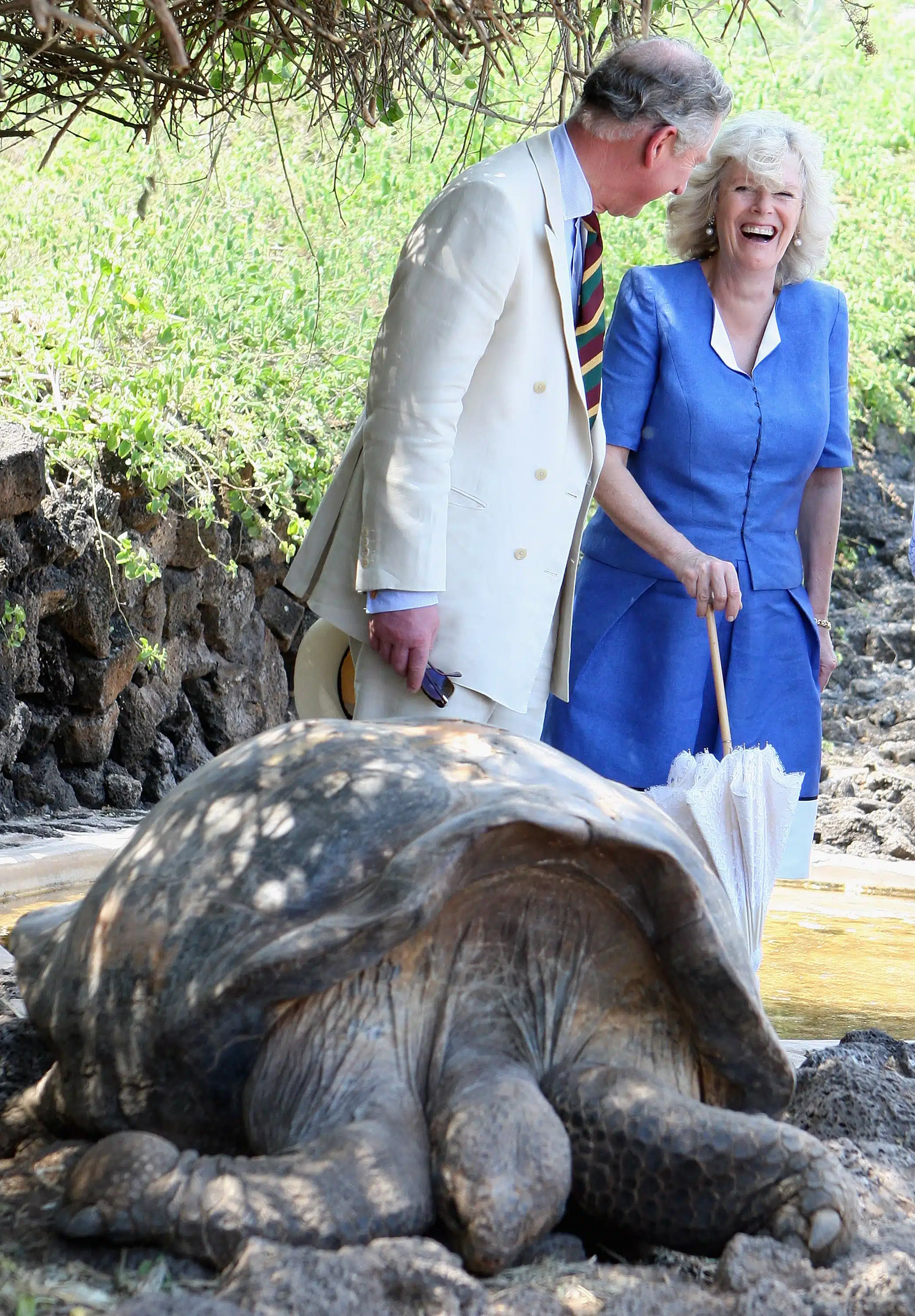 GALAPAGOS, ECUADOR - MARCH 16: TRH Prince Charles, Prince of Wales and Camilla, Duchess of Cornwall meet giant tortoises during a tour of the Darwin Research Station on Santa Cruz Island on March 16, 2009 in Galapagos, Ecuador. The Prince and the Duchess are in The Galapagos as part of a ten-day tour of South America taking in Chile, Brazil, Ecuador and the Galapagos