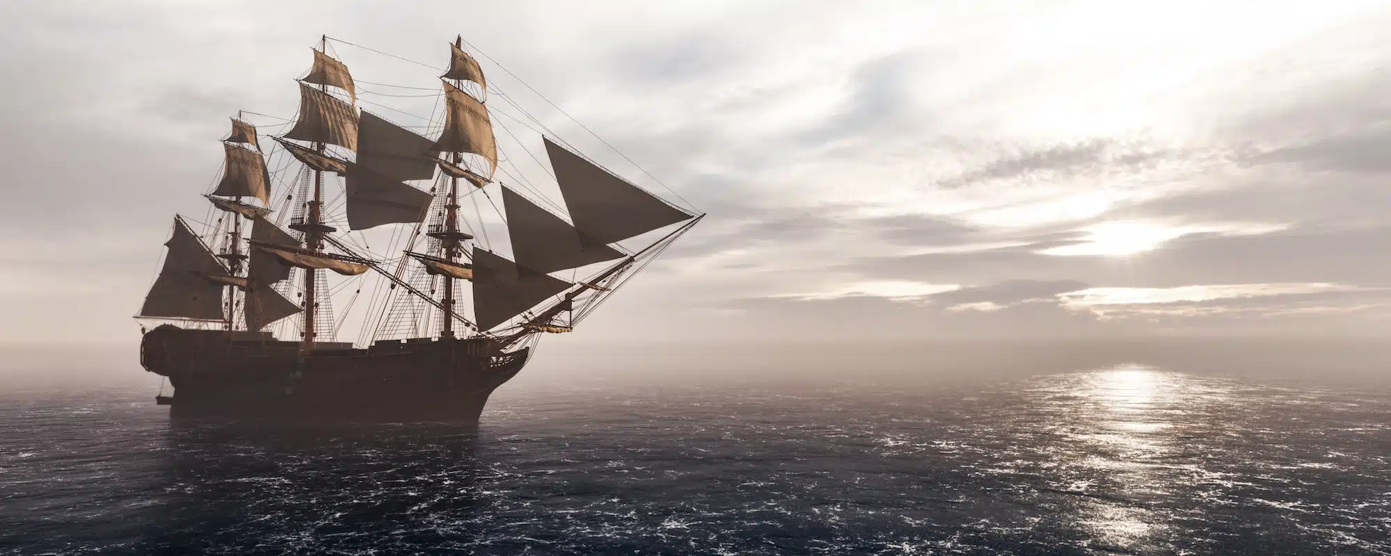 Pirate ship sailing on the Galapagos ocean. Stormy clouds