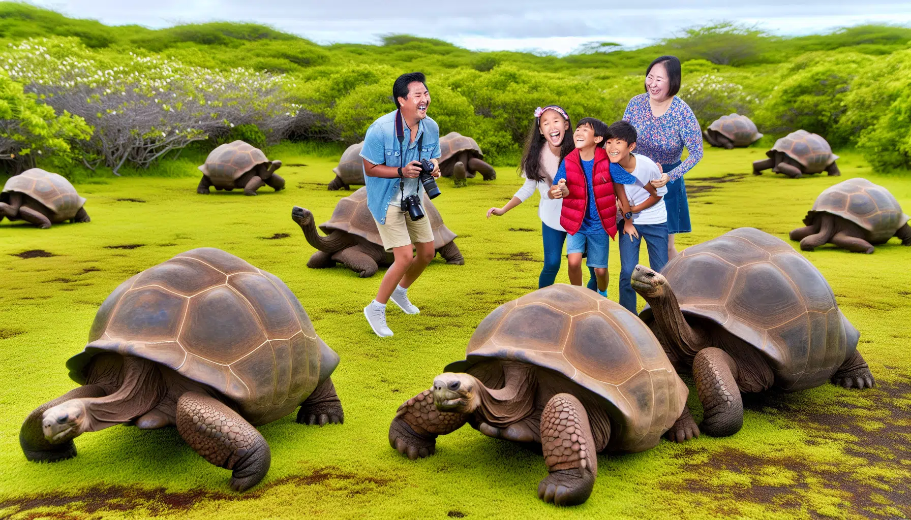 Family taking a group photo with giant tortoises in the Galapagos