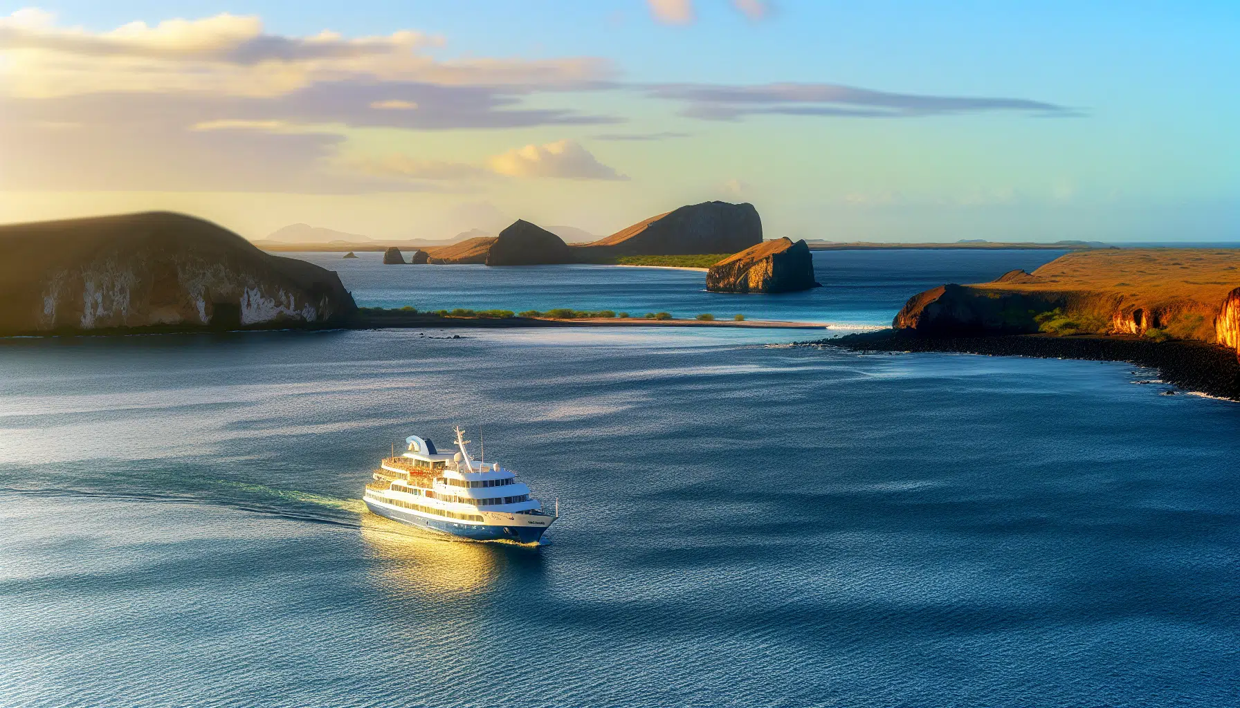 Small cruise ship sailing near the Galapagos Islands