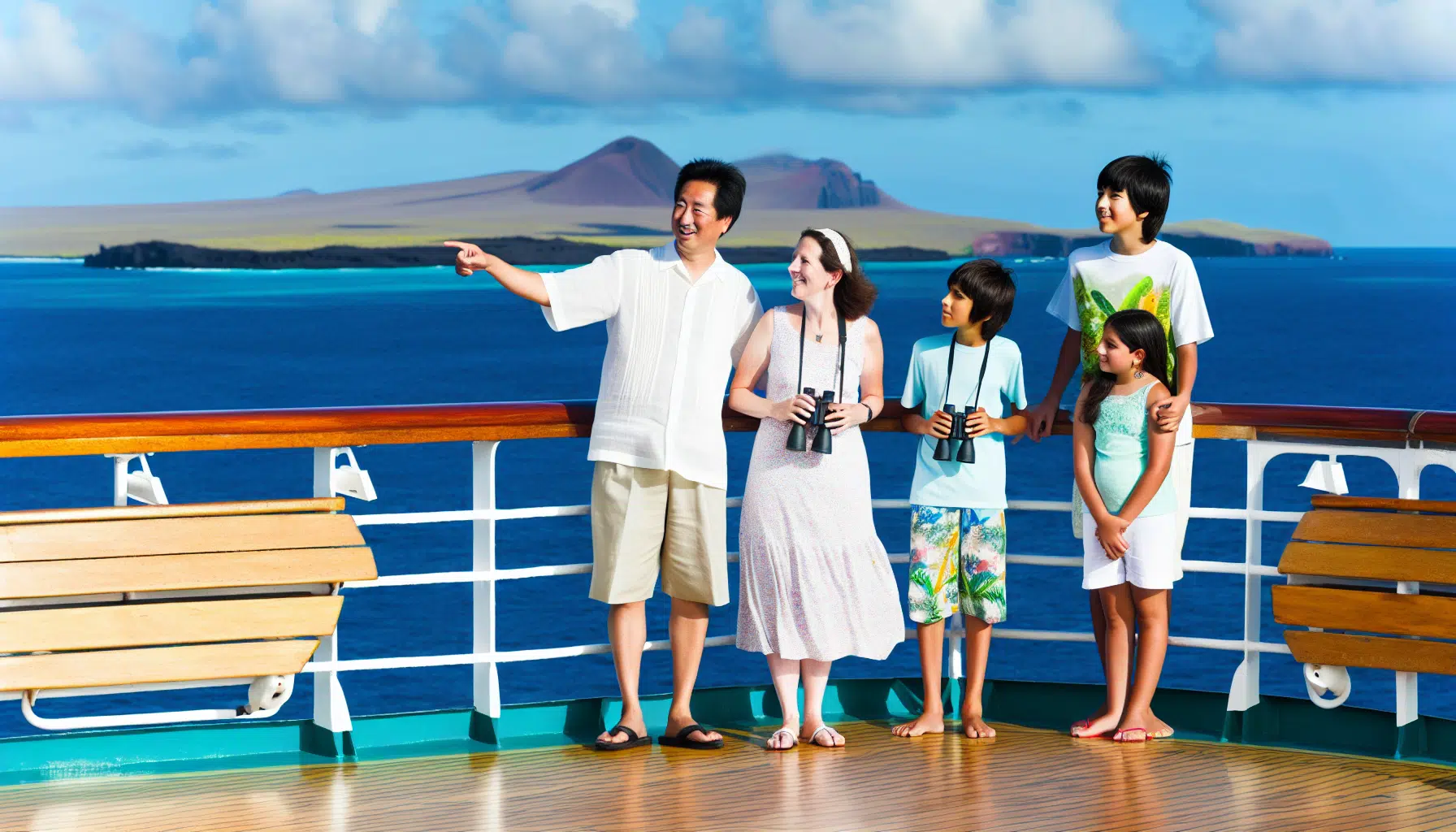 Family enjoying the view of Galapagos Islands from a cruise ship