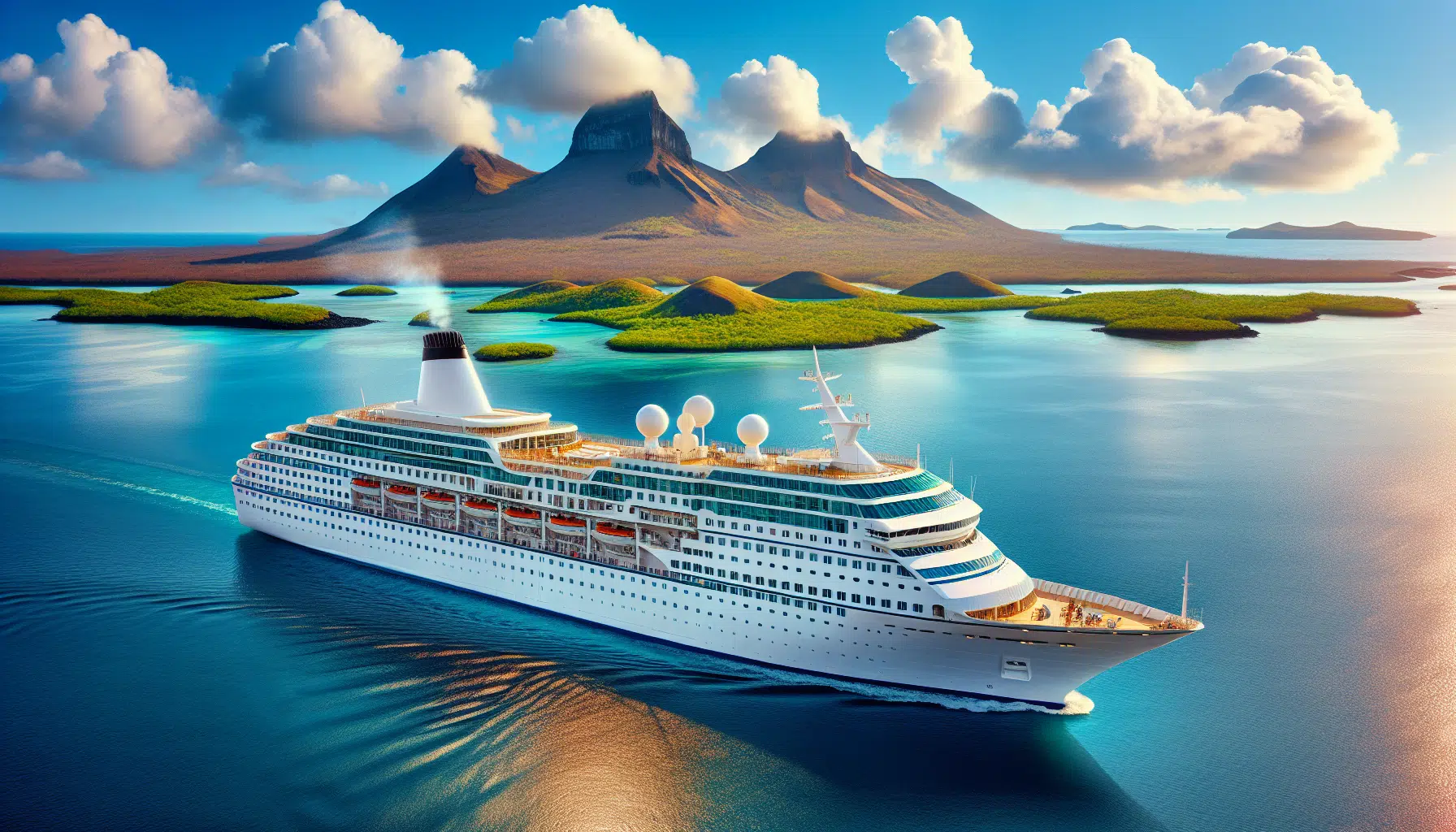 Luxury Galapagos cruise ship with the stunning Galapagos Islands in the background