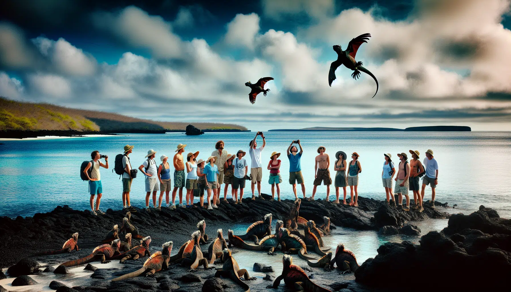 Group of travelers observing marine iguanas during an island hopping tour in the Galapagos