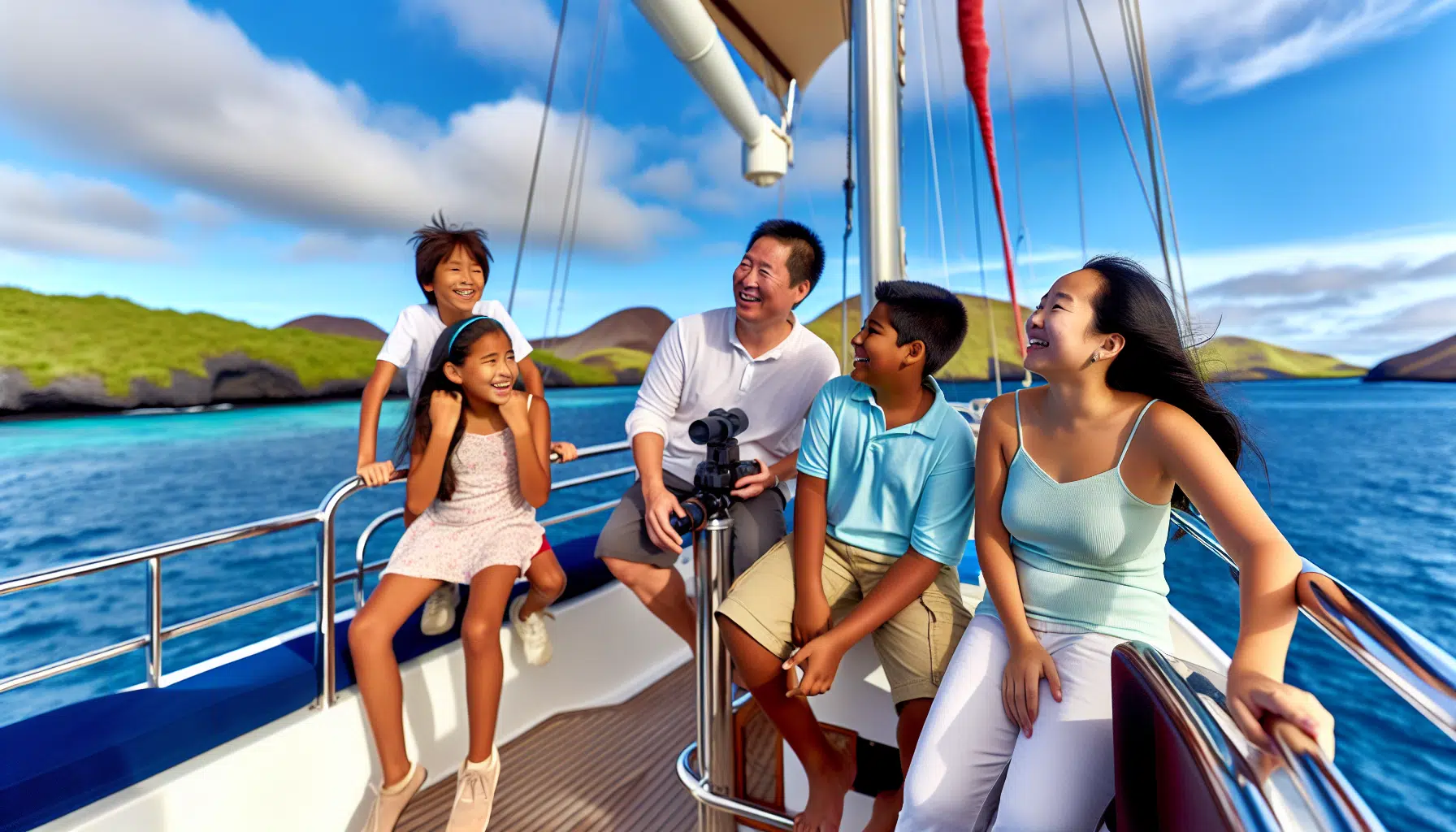 A happy family enjoying a Galapagos cruise chartered privately