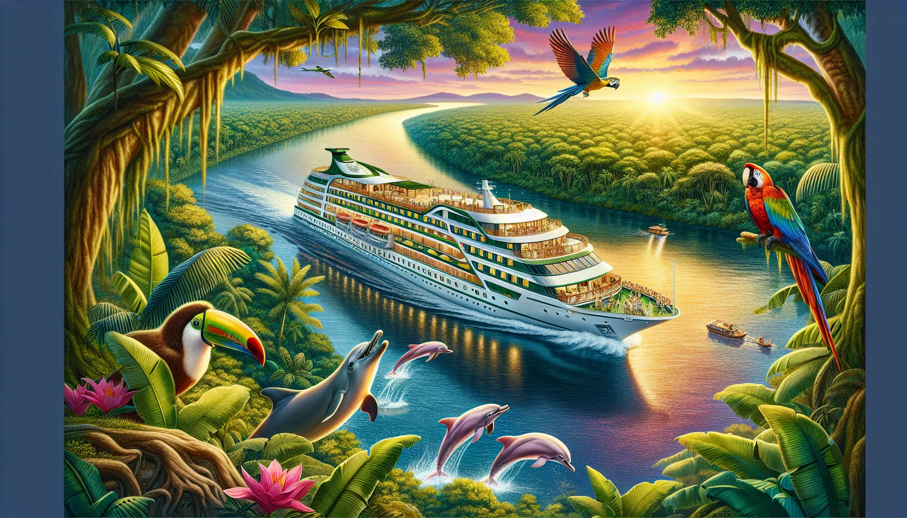 Illustration of a luxury Amazon River cruise with wildlife and natural wonders
